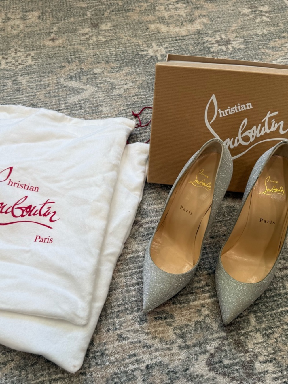 Christian Louboutin Silver Glitter Stiletto Pumps, Worn Once - Custom grips